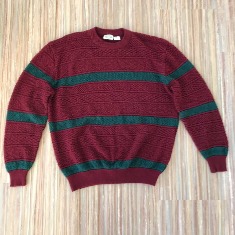 Flatiron Mills Pullover Sweater Vintage Textured Knit Red & Green Holiday Stripe